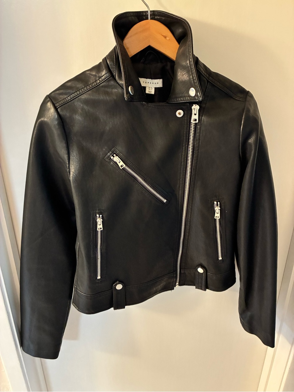 Topshop Black Faux Leather Moto Jacket with Zipper Detail